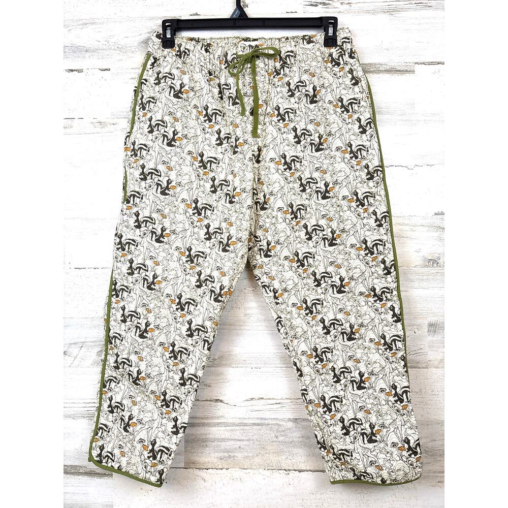 Disney Womens L Green White Bambi Quilted Cotton Drawstring Cozy Casual Pants
